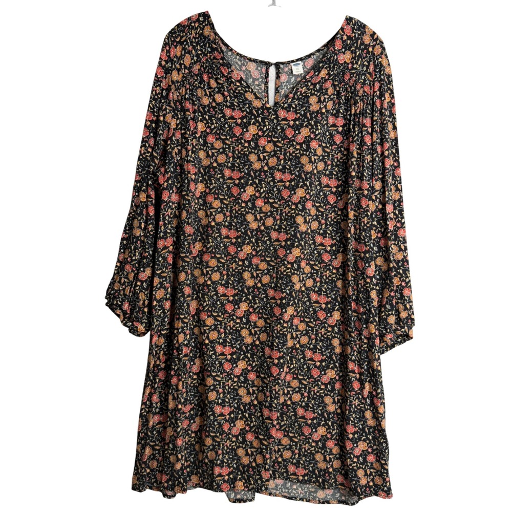 Old Navy Floral Shift Dress Womens XXL‎ Black Boho Preppy Mini Shirt Long Sleeve